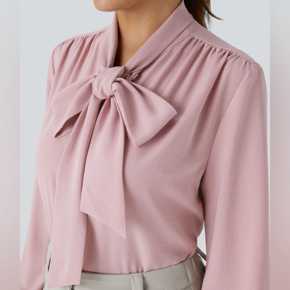 Halara Tie Neck Long Sleeve Button Work Blouse Bleached Mauve Size S NWT - Picture 2 of 6